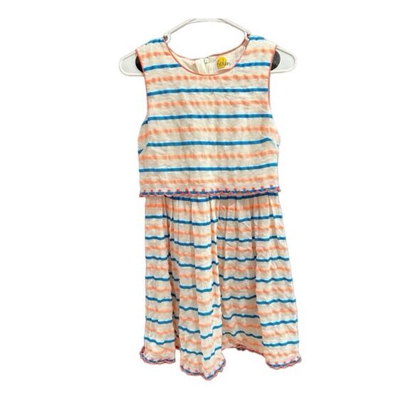 Mini Boden Other - Boden Striped Embroidered Organza Lined Dress Blue Orange Size 15-16Y